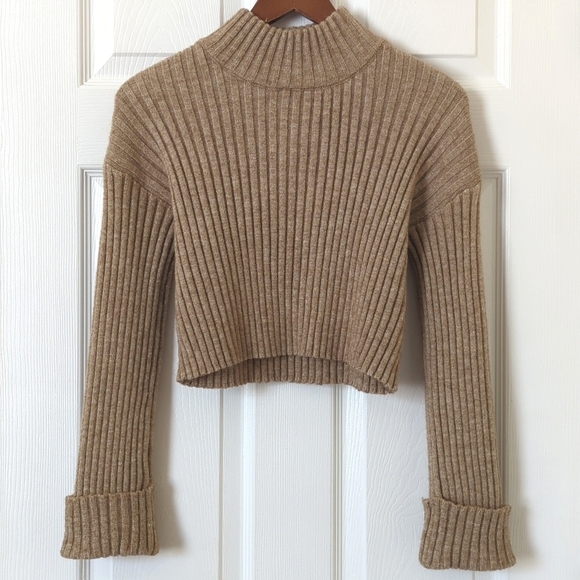 By Together Chunky Ribbed Knit Mock Neck Rolled Cuff Cropped Sweater Tan Small - Picture 1 of 11